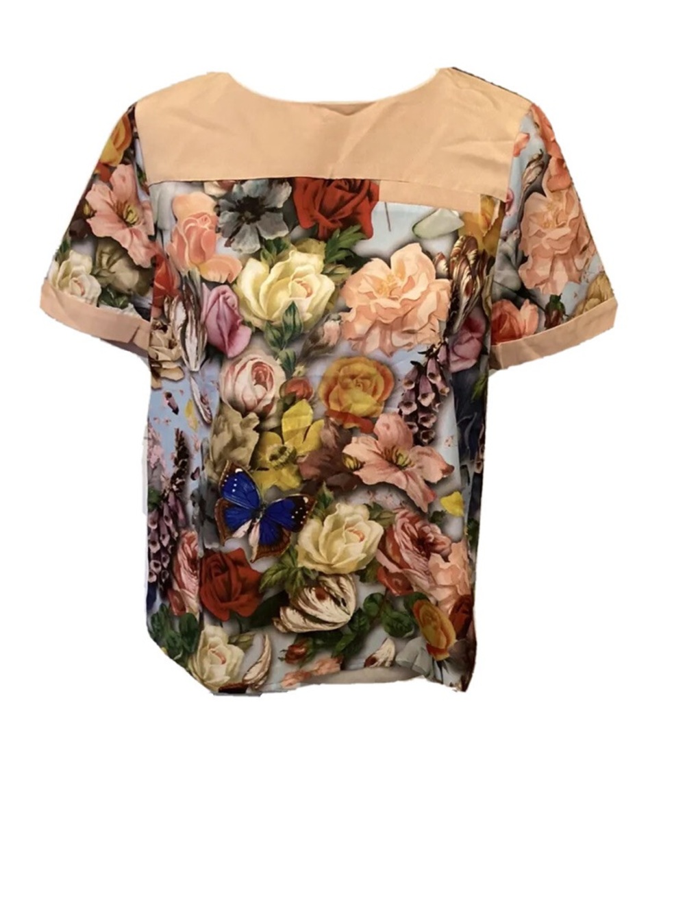 Ted Baker Peach Yoke Floral Short Sleeve Blouse with Blue Accent